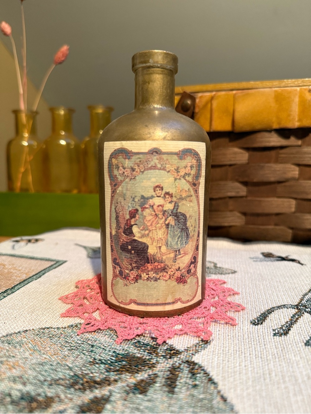 Vintage-Style Gold Painted Decorative Glass Bottle with Victorian Romance Label
